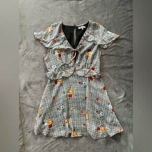 Floral Plaid Cottagecore Indie Short Sleeve Mini Tie Front Dress